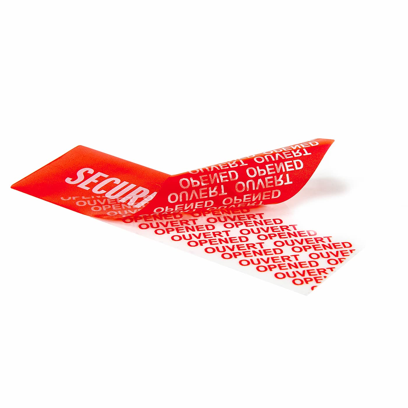 Close-up of a half-void tamper-evident label part-lifted from a surface, leaving a patterned void message
