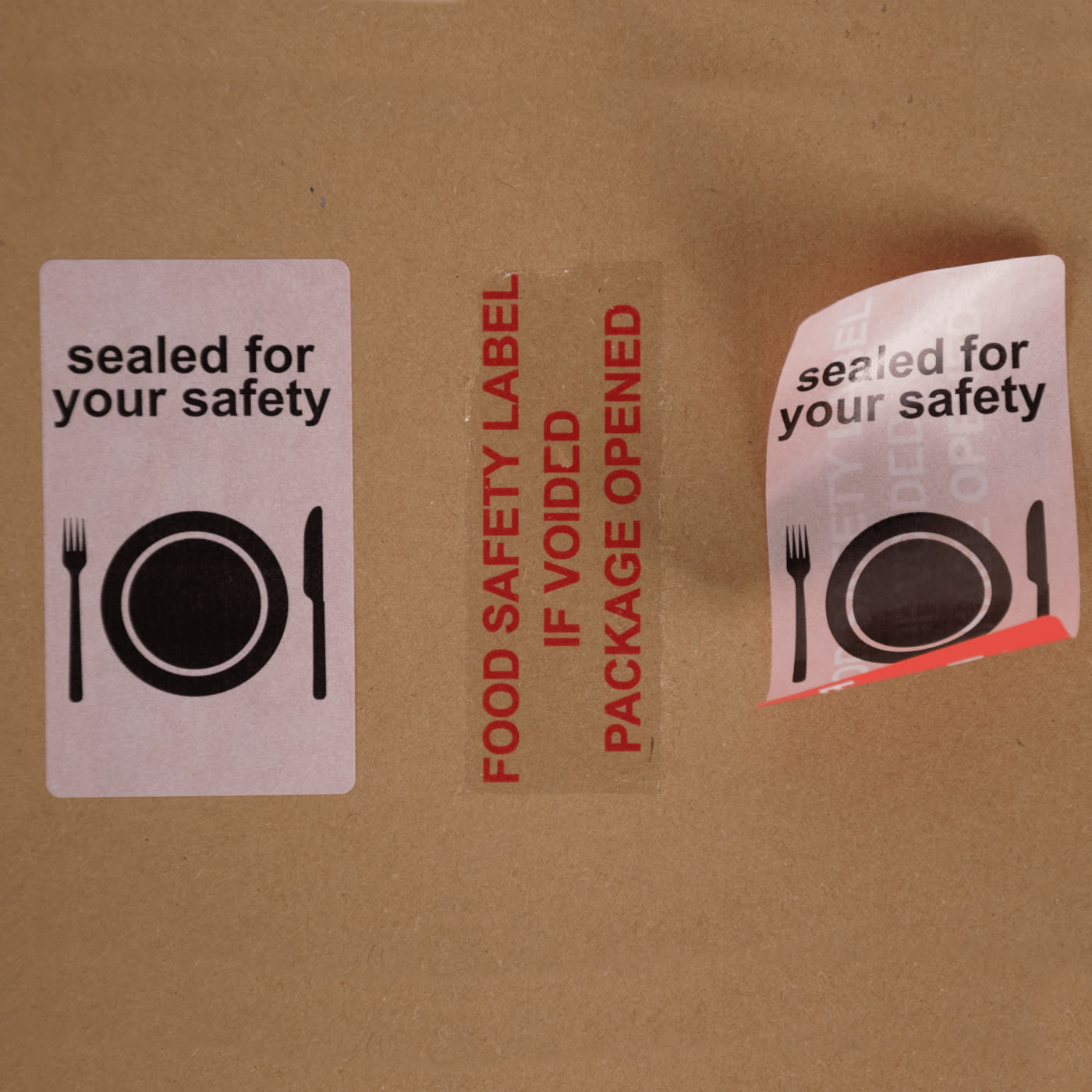 Three stages of a food safety tamper-evident label: intact, voided residue left behind, and the lifted label showing VOID text