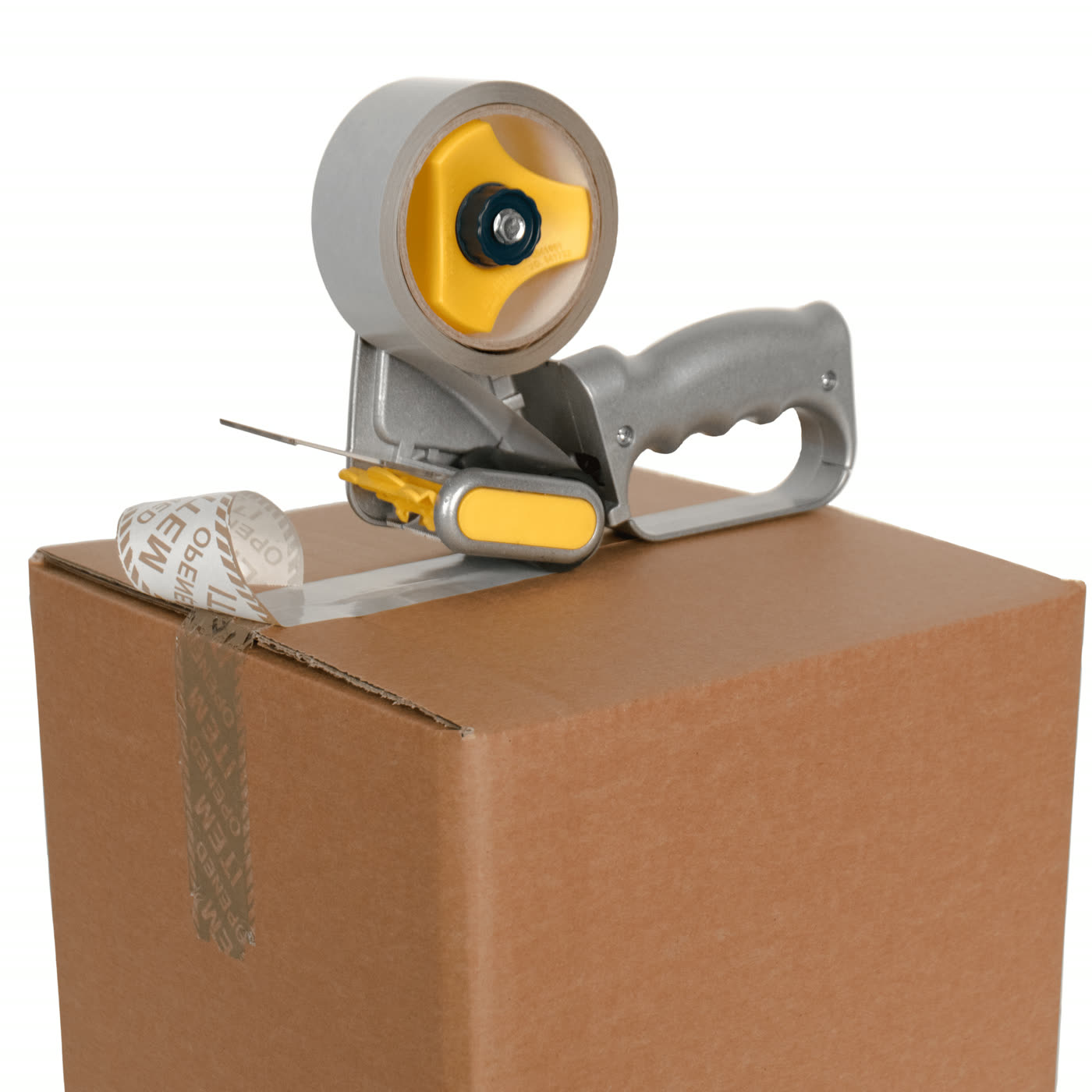 Brown covert paper tamper-evident box tape in a tape gun, voided on a cardboard box