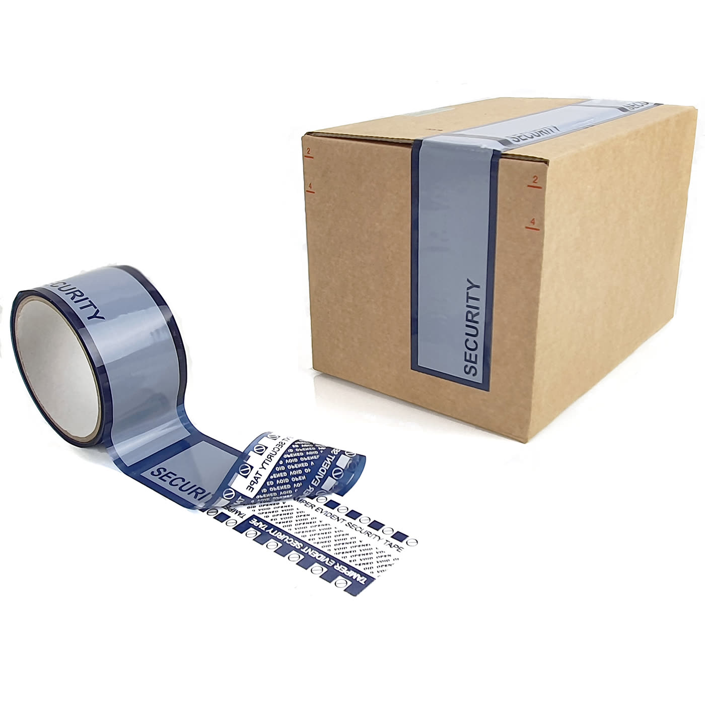 Blue overt tamper-evident security tape sealing a cardboard shipping box