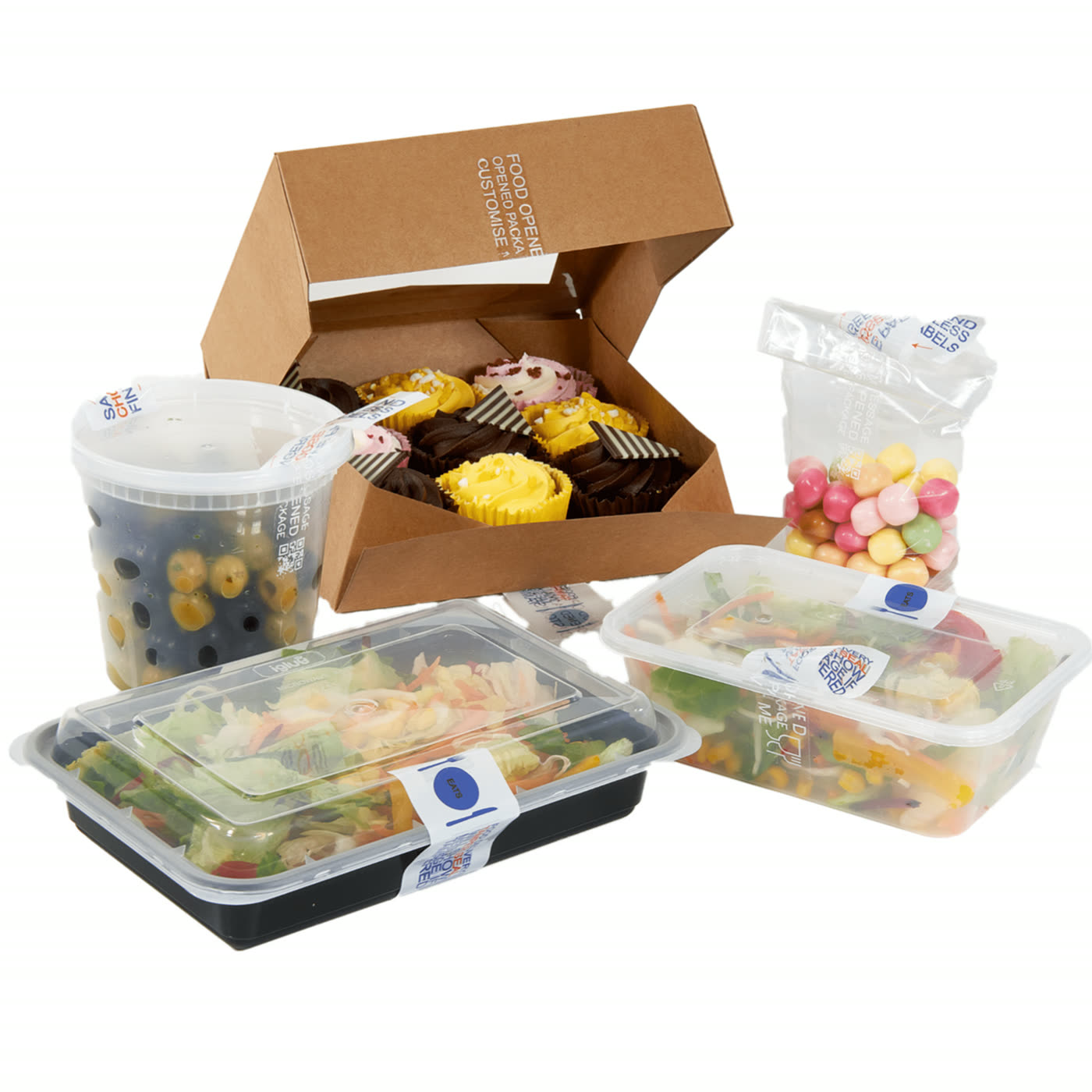 Permanent tamper-evident food security labels applied to an assortment of takeaway food containers